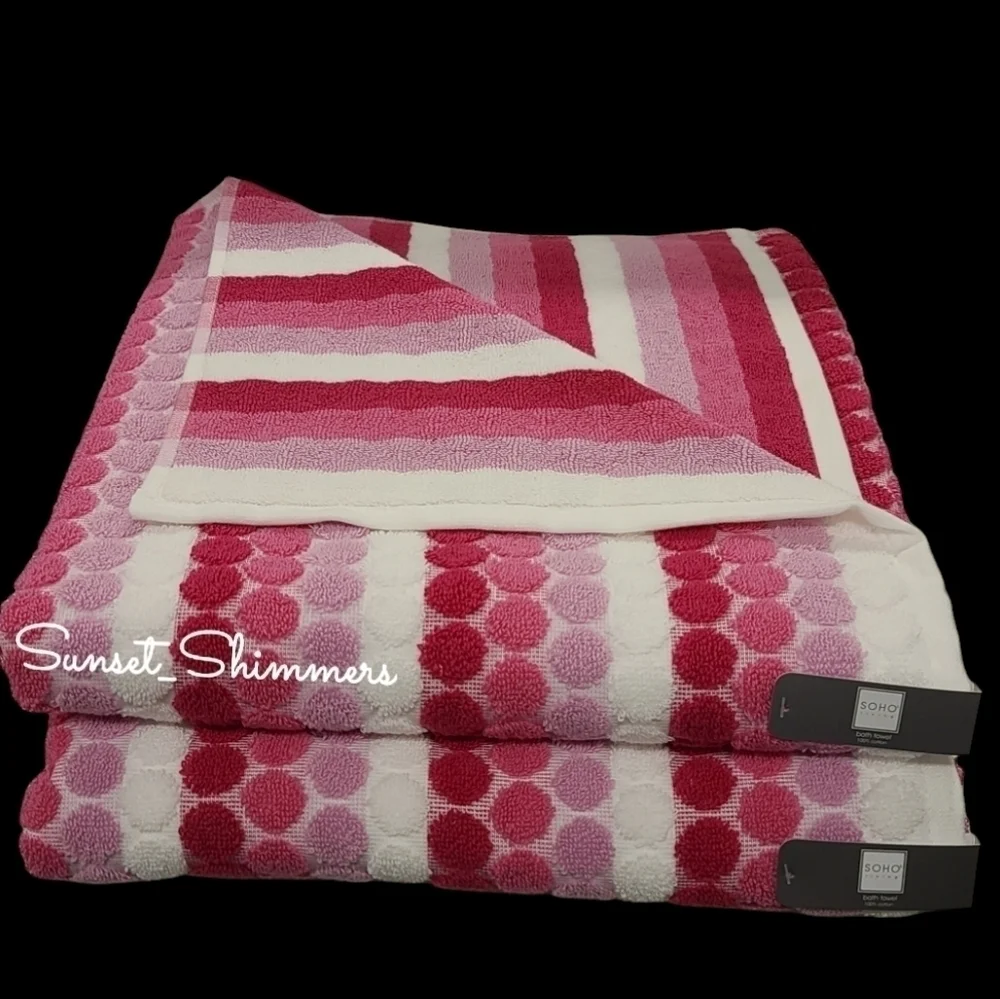 6pc Soho Living Bath Hand Tip Striped Dot Pink Ombre Towel Set New - Picture 7 of 11